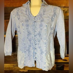 Giocam Button WOMENS Washed DENIM & LACE Shirt with Embroidery Detail